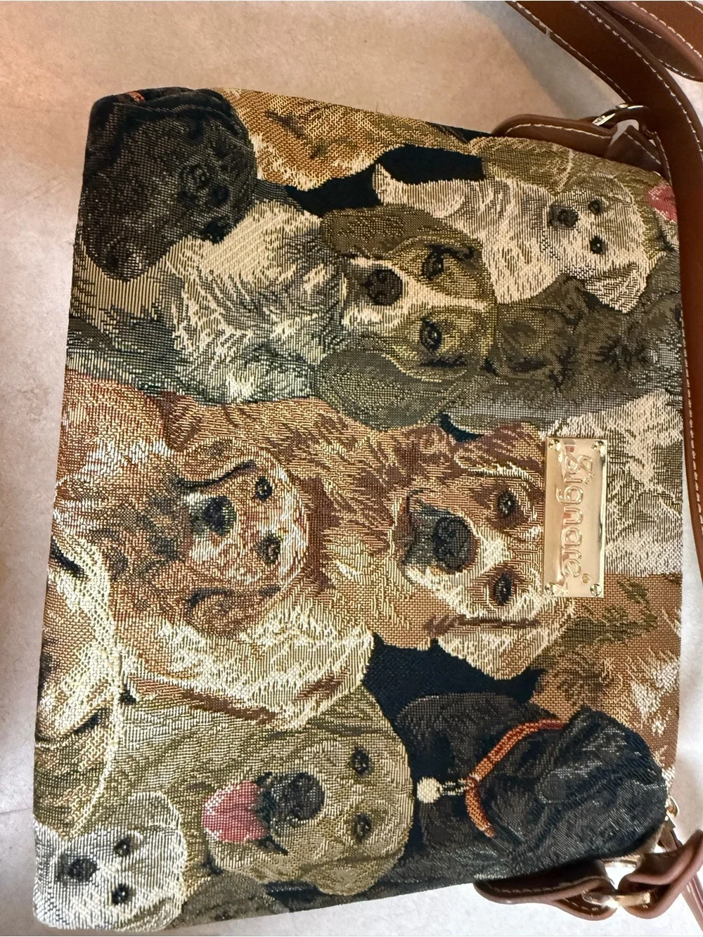 Signare Labrador retrievers dog  Tapestry Crossbody Brown Leather Strap image  l